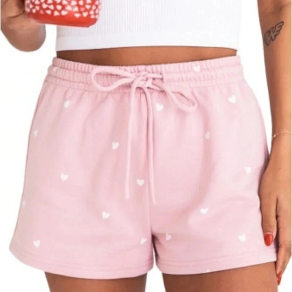 Pink Heart Print Lounge Shorts Soft Drawstring Pajama Sleep Shorts